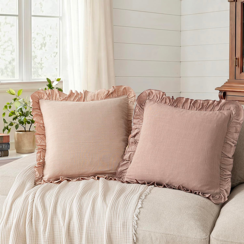 Linen Fringe Ruffle Throw Pillow Covers 22×22 Inch Light Pink