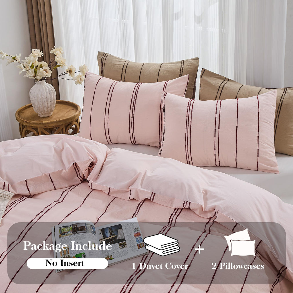 100% Cotton Striped Duvet Cover Set, 3Pcs Boho Linen-Like Textured Comforter Cover with Embroidered