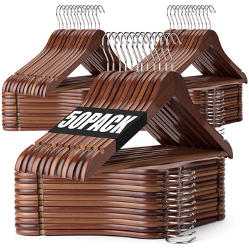 50 Pack Wooden Hangers, Wooden Clothes Hangers with Smooth Pant Bar and Shoulder Notches, Heavy Duty Hangers with