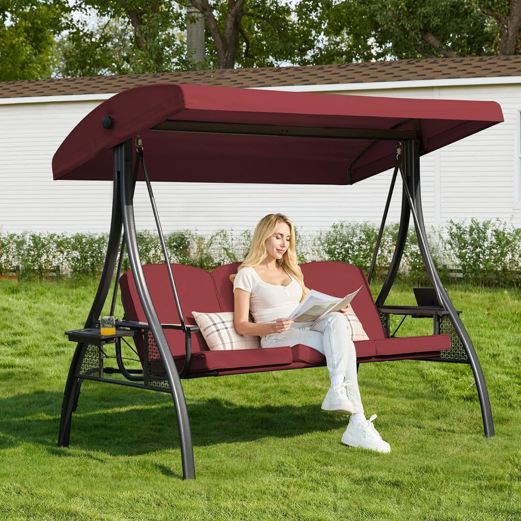 3-in-1 Outdoor Porch Swing with Stand (Red, Square Tube) | 3-Seater Patio Swing with Adjustable Canopy , Backyard
