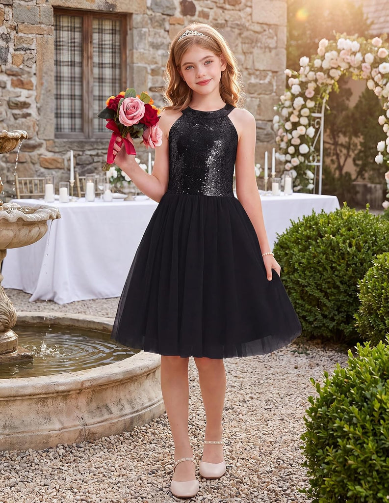 Girls Sequin Tulle Halter Dress Party Formal Gown