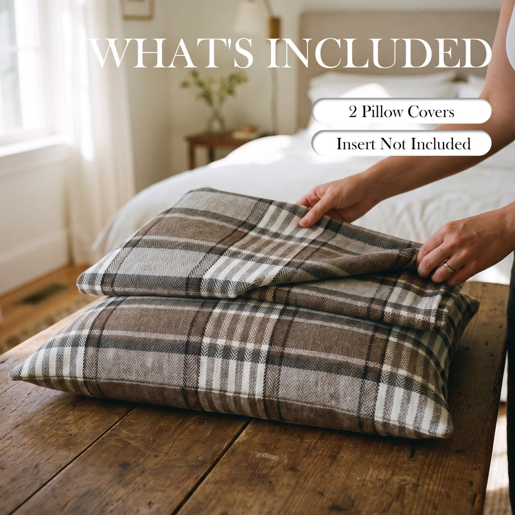 Brown Plaid Euro Pillow Sham Covers 24x24, Large Fall Winter Couch Pillows
