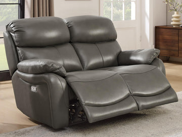 Grey Top Grain Leather Power Recliner Sofa Loveseat with USB Port.