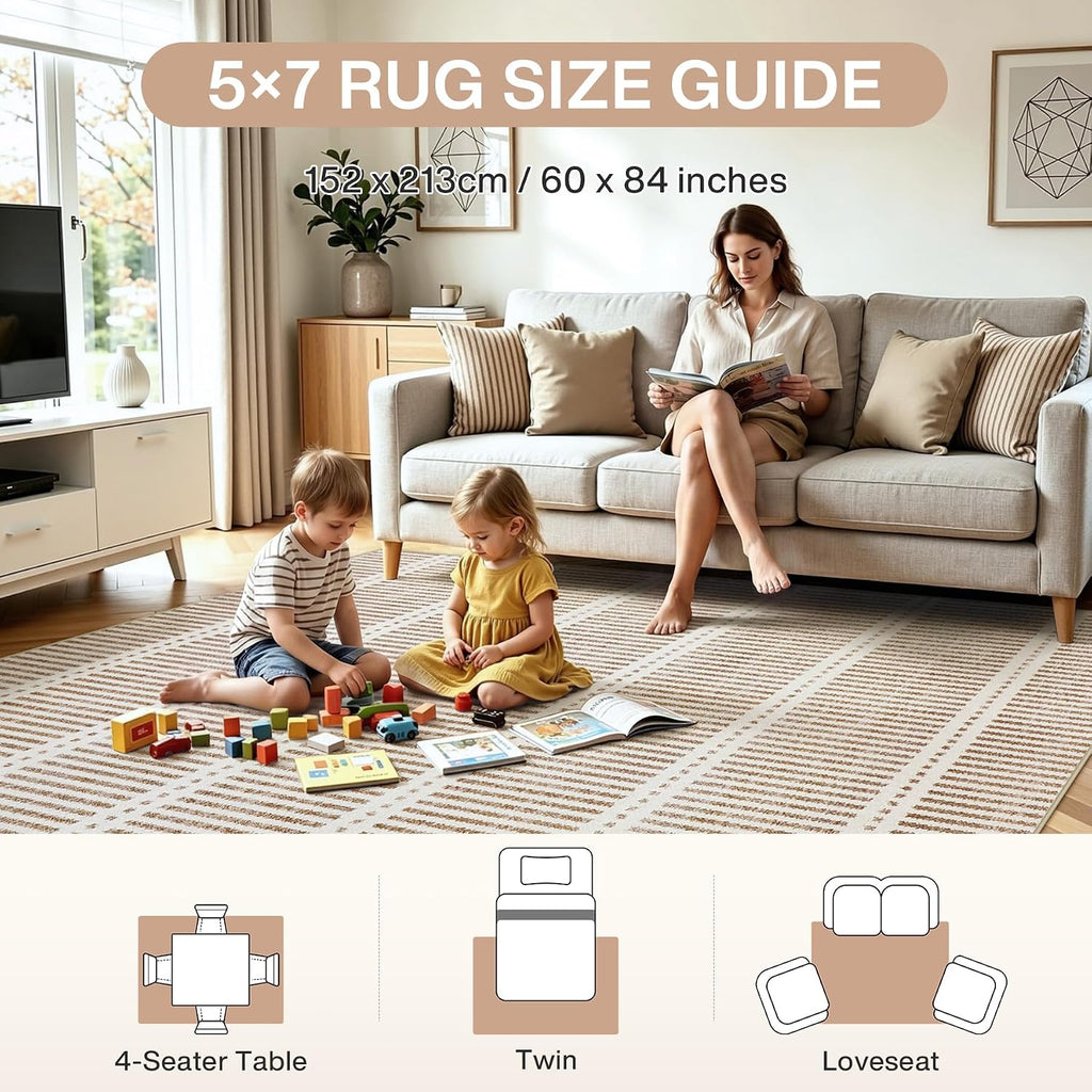 Ultra Thin Washable Area Rugs, Modern Non-Slip Rugs Dining Room, Striped Farmhouse Large Carpet Playroom, Khaki
