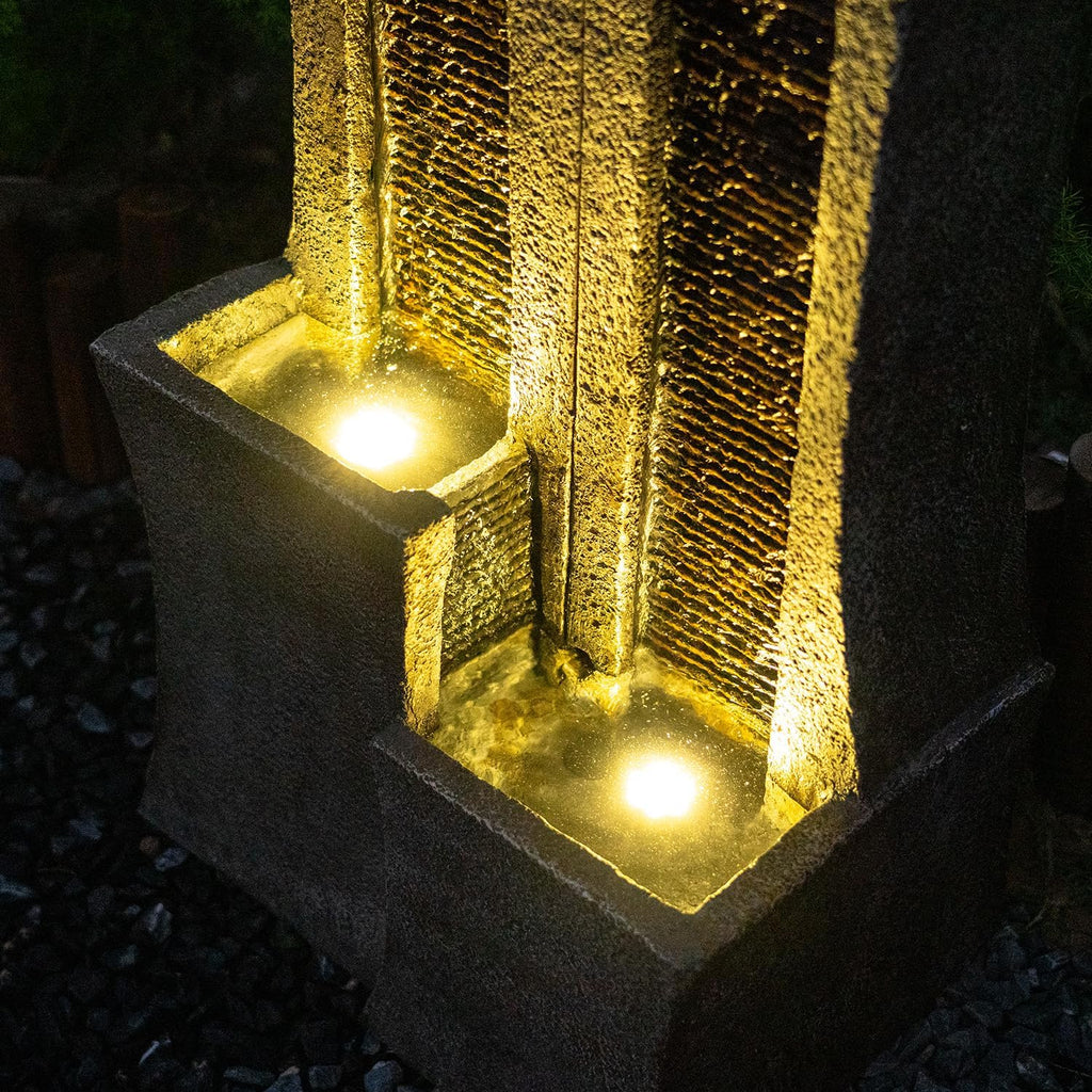 39.76" H Modern Outdoor Water Fountain with LED Lights Floor-Standing Cascading Waterfall with Dual Curved Columns for