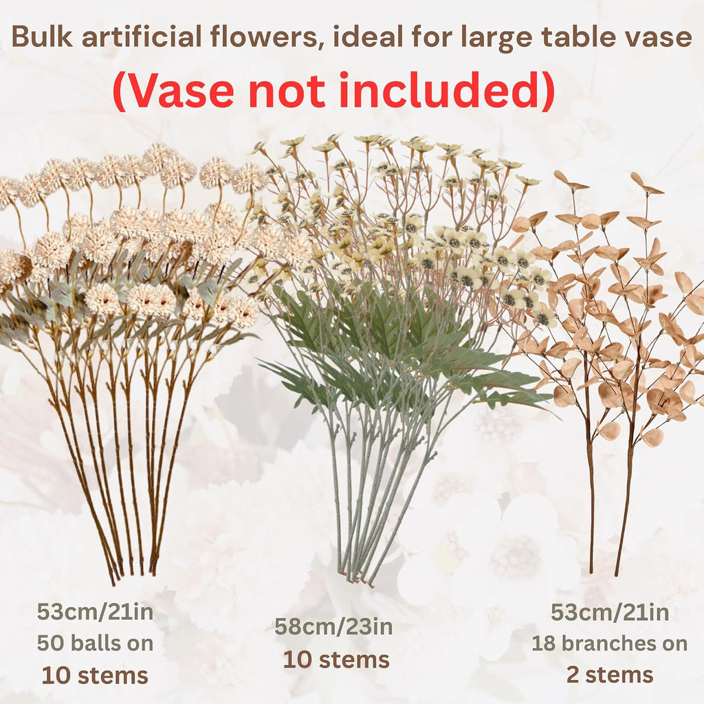 Beige Silk Flower Arrangements Home Decor, Large Floral Centerpieces For Tables, 22 Long Stems Fake Mums + Eucalyptus
