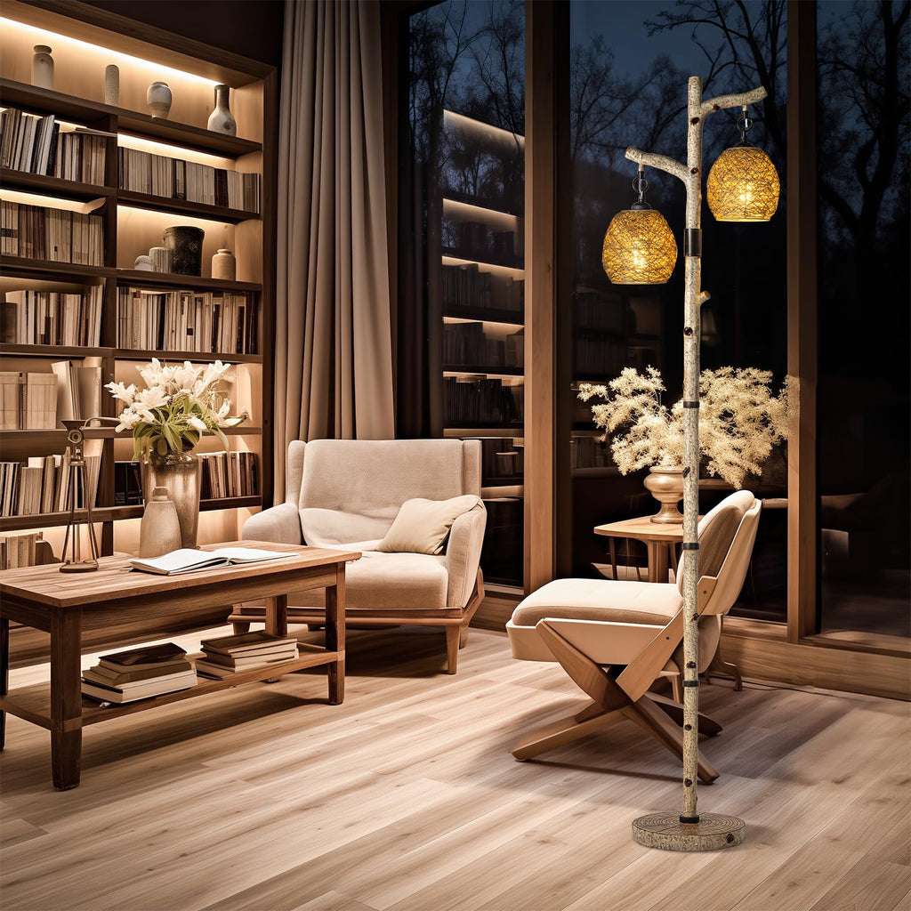 68.5" Rustic Floor lamp with Remote Control, Bird Nest Lantern