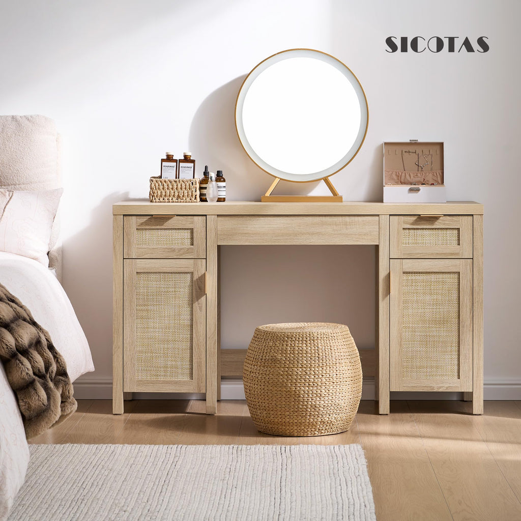 52" Rattan Vanity Desk with 3 Drawers & 2 Cabinets, Vanity Table