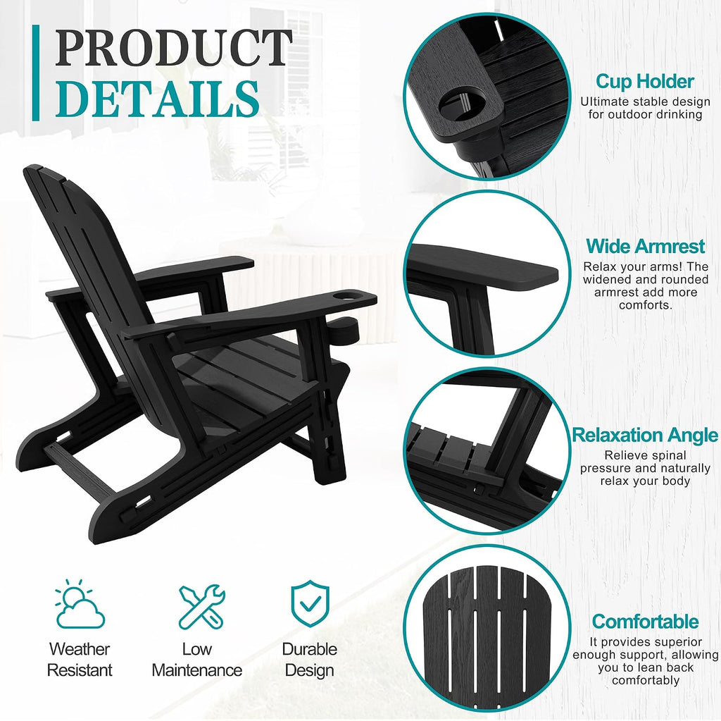 JY QAQA Outdoor Adirondack Chair Set of 2, All-Weather HDPE Patio Furniture with Detachable Table, Wood Texture & Cup
