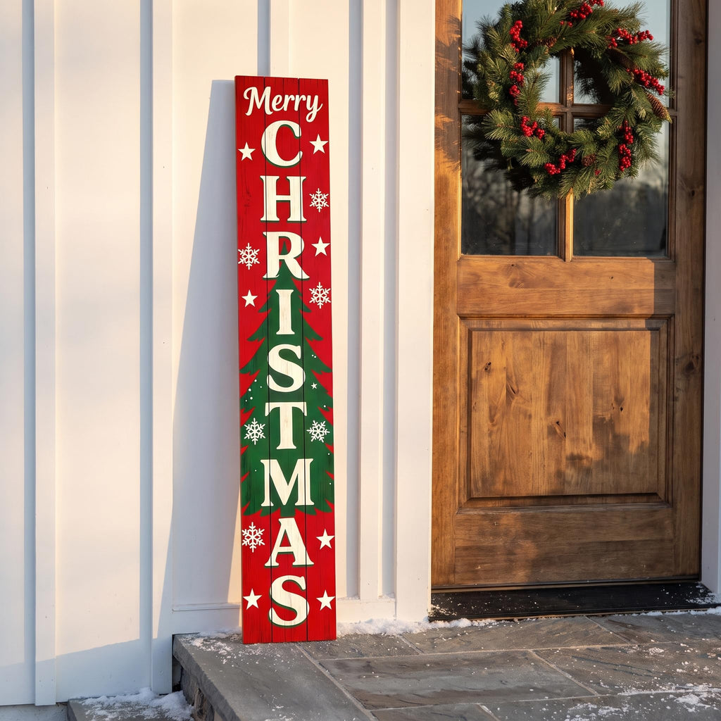 Vertical Merry Christmas Porch Sign, Rustic Wooden Xmas Standing Sign, Christmas Day Farmhouse Outdoor