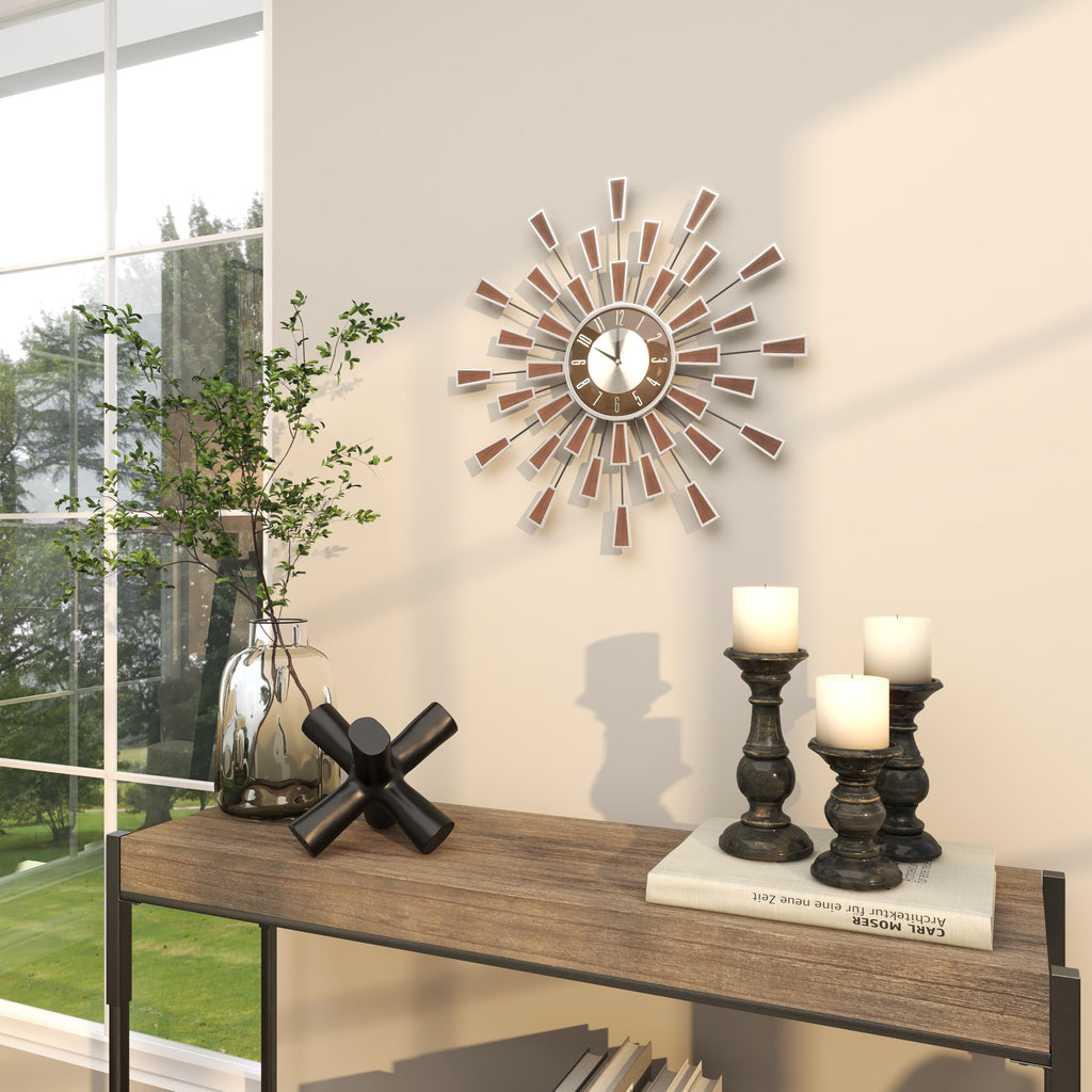Metal Starburst Wall Clock, Clock 22" x 3" x 22", Brown