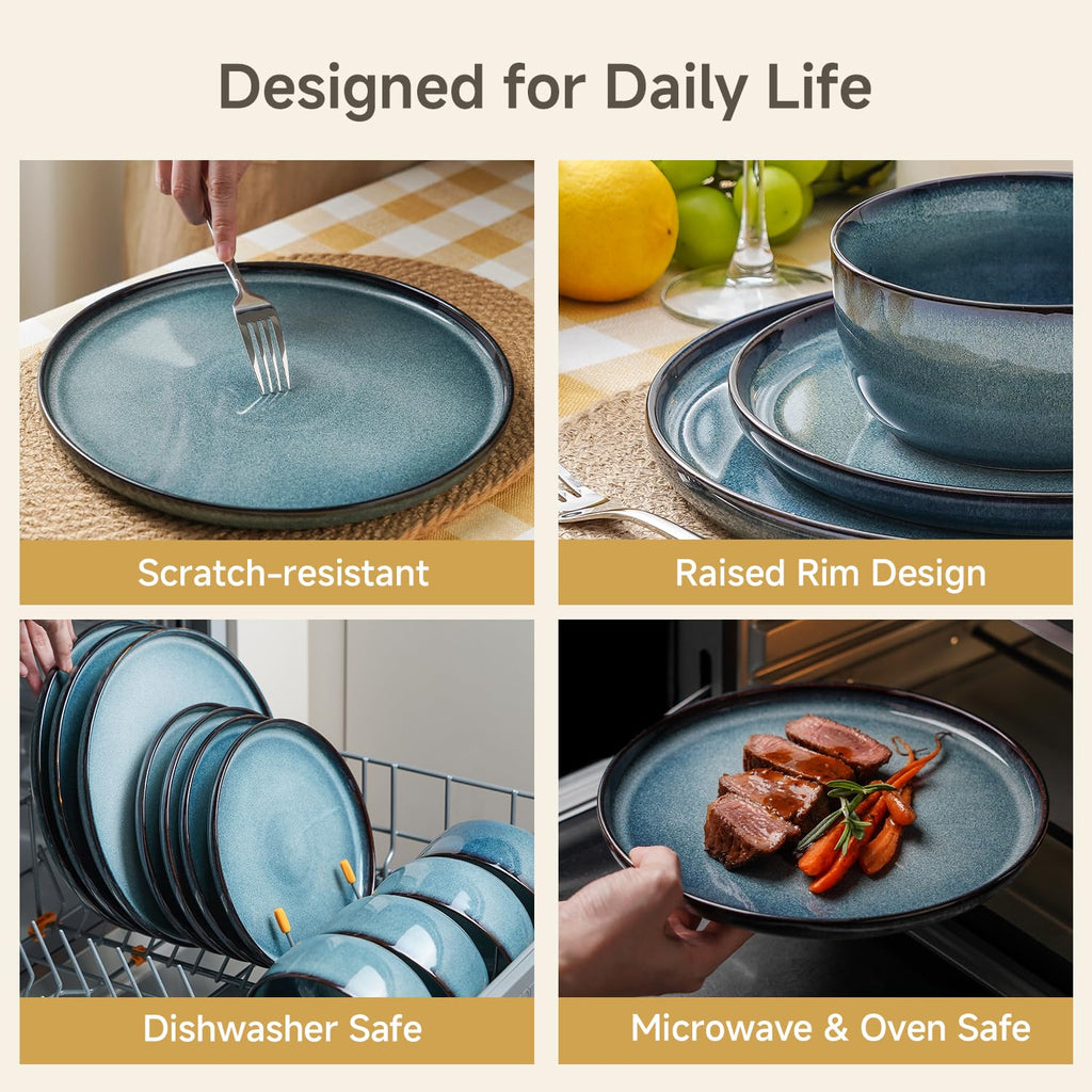 Stoneware Dinnerware Sets for 8, Reactive Glaze, Pale Blue