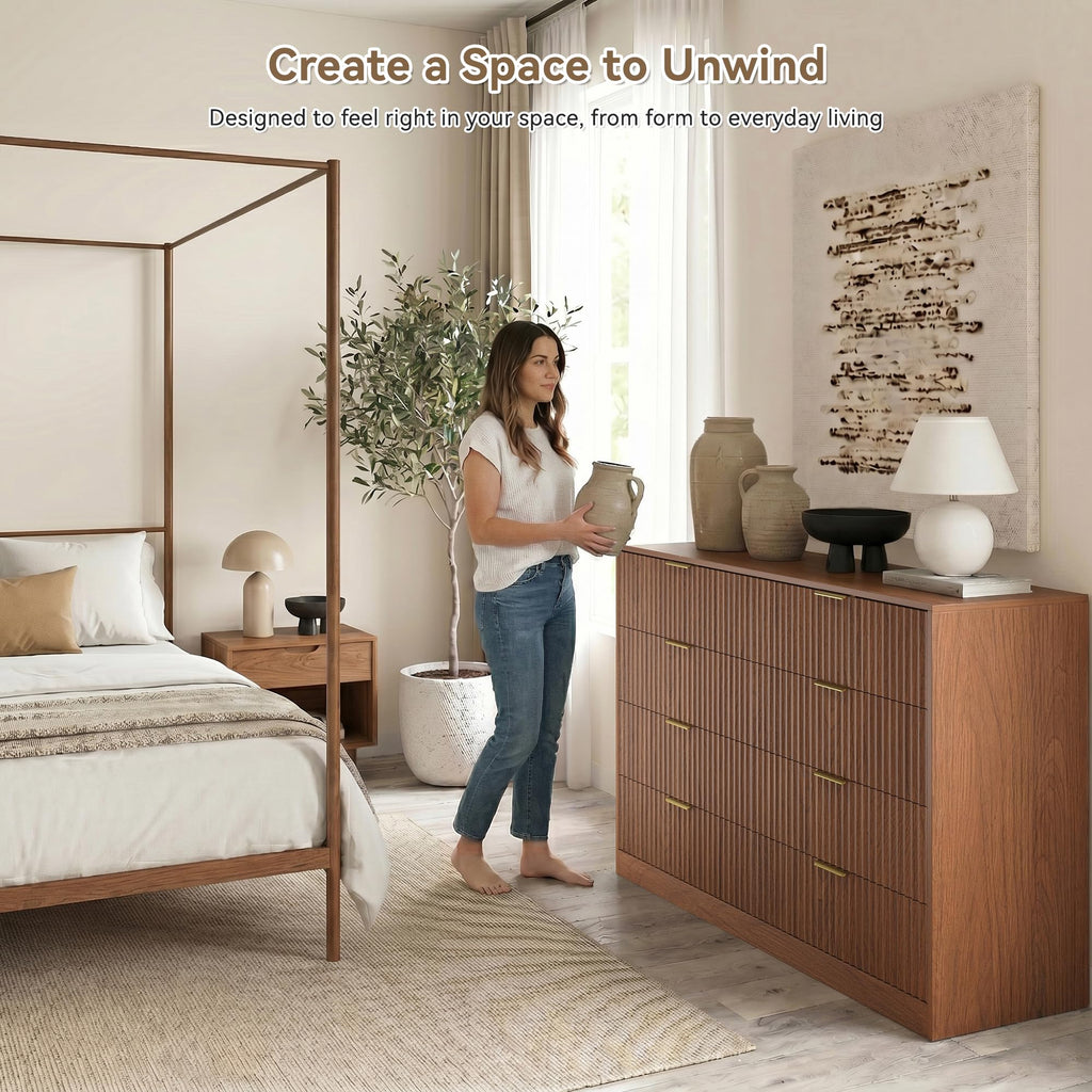 8 Drawer Dresser, 55" Wide Fluted Chest of Drawers with Gold Metal Handles, Modern Wooden Dresser, Closet Storage