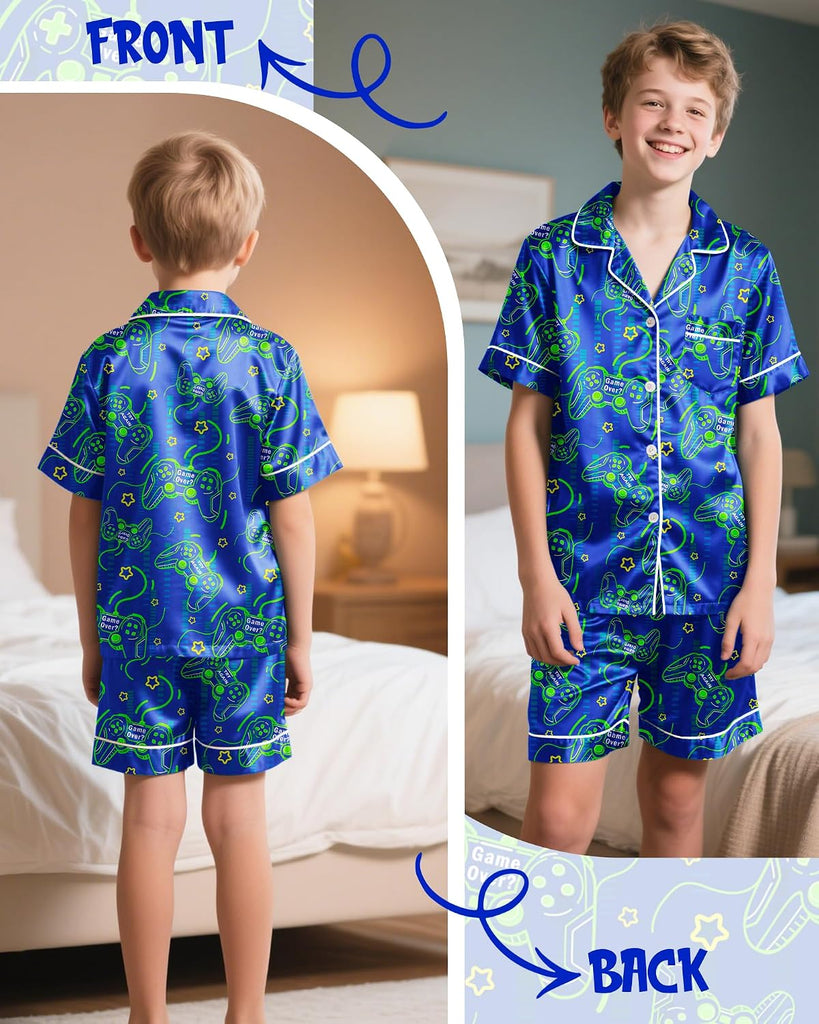 Boys Pajamas Big Boys Satin PJS Set Summer Short Sleeve Button Down Kids Silky Pajama Lounge Sleepwear