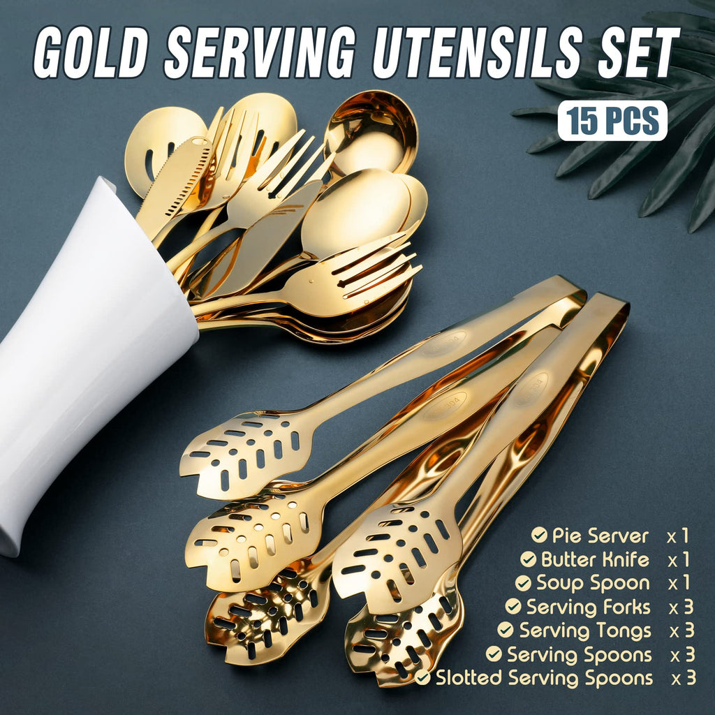 Gold Serving Utensils, 15-Piece Stainless Steel Gold Serving Utensils Set Include Serving Spoons, Slotted Serving
