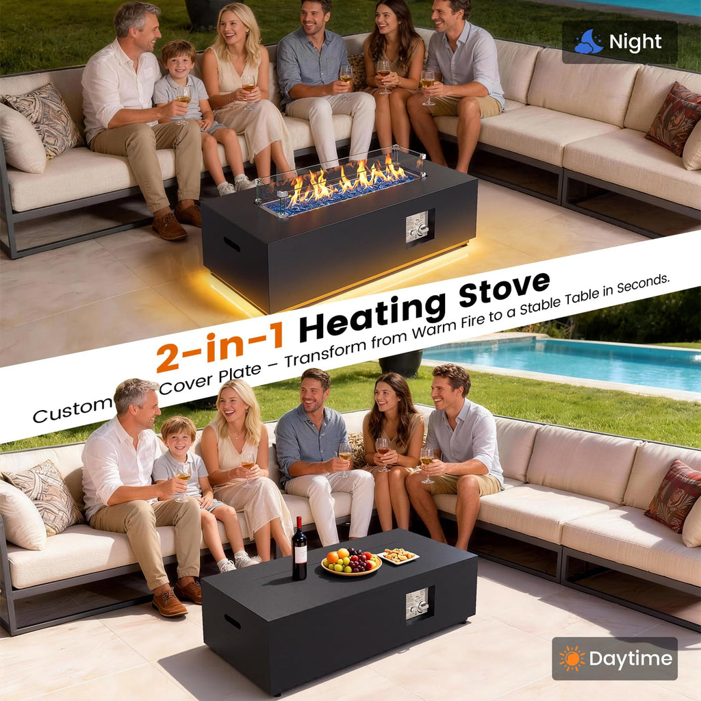 42" Rectangular Outdoor Propane Fire Pit Table with LED for Outside Patio