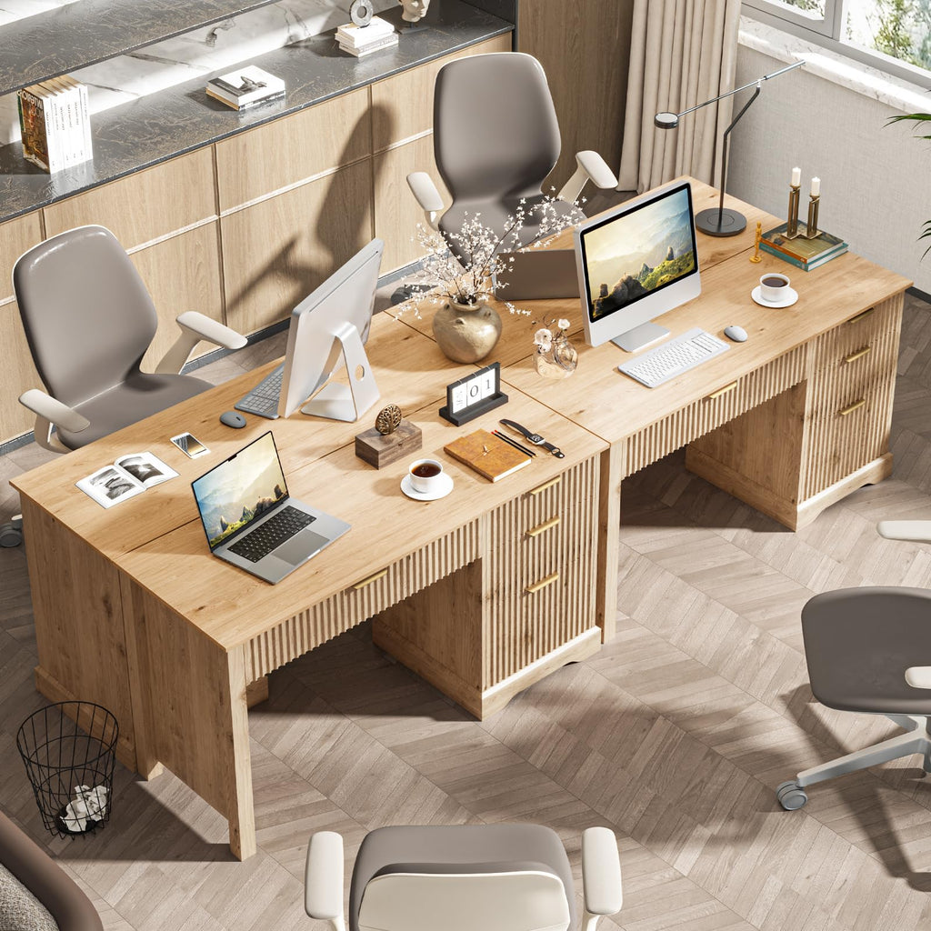 Fluted Executive Desk with Drawers, Wood Computer Desk with Ample File Drawer, Home Office Desk with Storage for