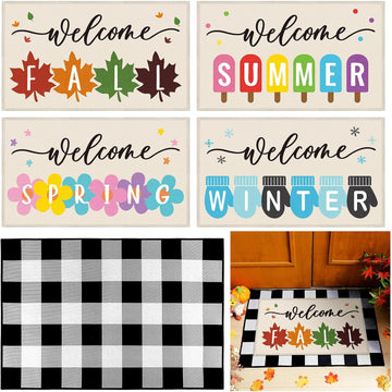 5 Pcs Seasonal Doormat Combo Set, Fall Winter Spring Summer,Cute | Welcome, Non Slip Rubber Backing, Buffalo Plaid