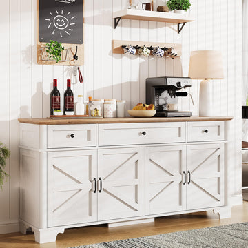 65 Inch Farmhouse Buffet Cabinet with Storage, White Sideboard Buffet Cabinet with Adjustable Shelves & 3 Drawers