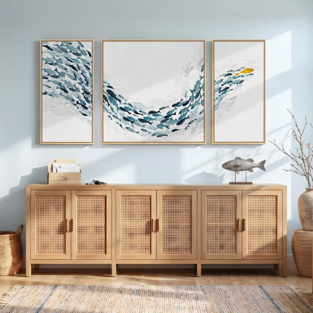 Extra Large 3 Piece Framed Blue White Coastal Fish Wall Art