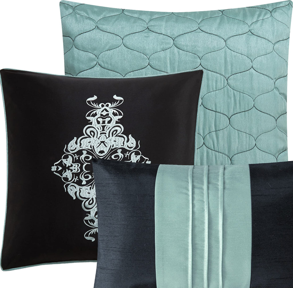 Damask 7 Piece Comforter Set, California King, Aqua/Black