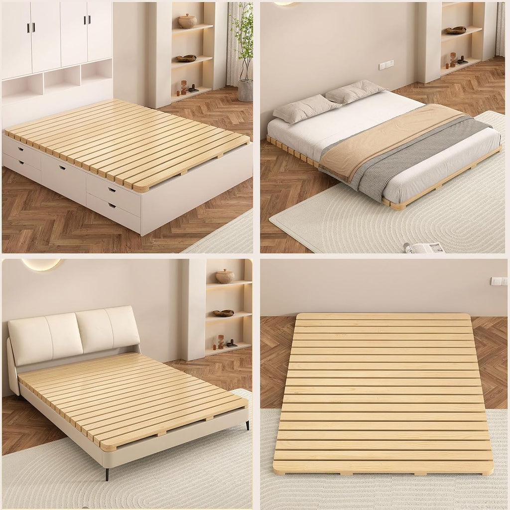 Floor Mattress Natural Solid Wood Bed Frame, Guest Tatami Mat, Wooden Slatted Pallet Floor Bed, Roll-Up Slatted