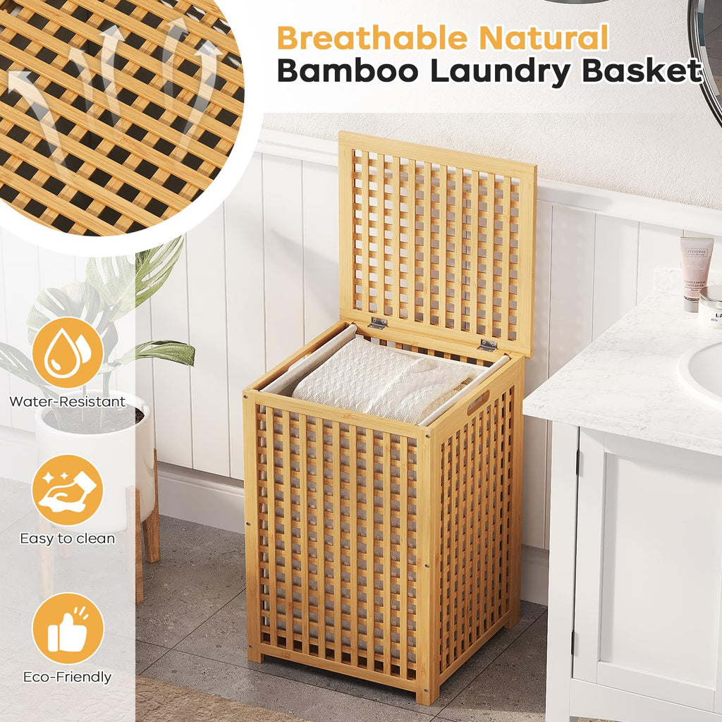 120L Bamboo Laundry Hamper with Lid, Laundry Basket with Liner and Handle