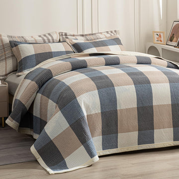 Cotton Plaid Quilt Set, Ultra Soft 3 Pieces Bedding with 2 Pillow Shams, Lightweight Reversible Coverlet