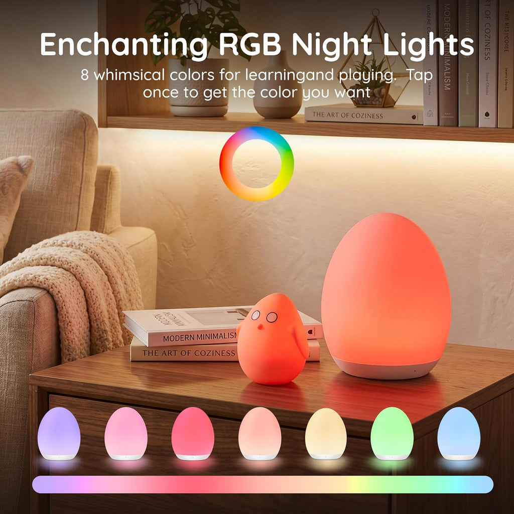 Egg Light, 7 RGB Colors, Dimmable Touch Control Night Light for Kids, Wood