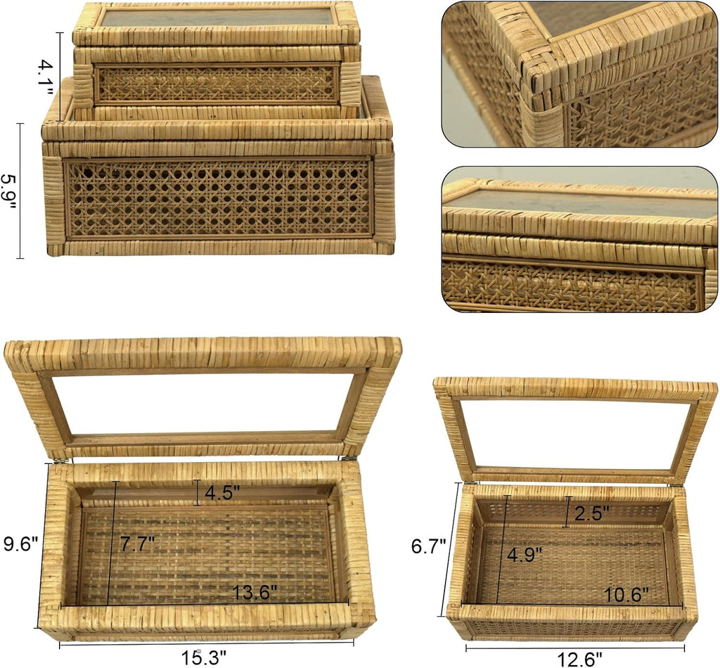 Rattan Display Box Decor with Lid - Rectangular Coastal Bohemian Style Stackable Decorative Storage Box Set