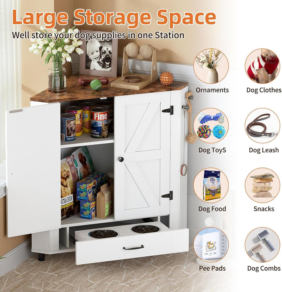 Corner Dog Food Storage Cabinet, Dog Feeding Station with 2 Hidden Bowls, Adjustable Panel, 4 Hooks, Pet Feeding