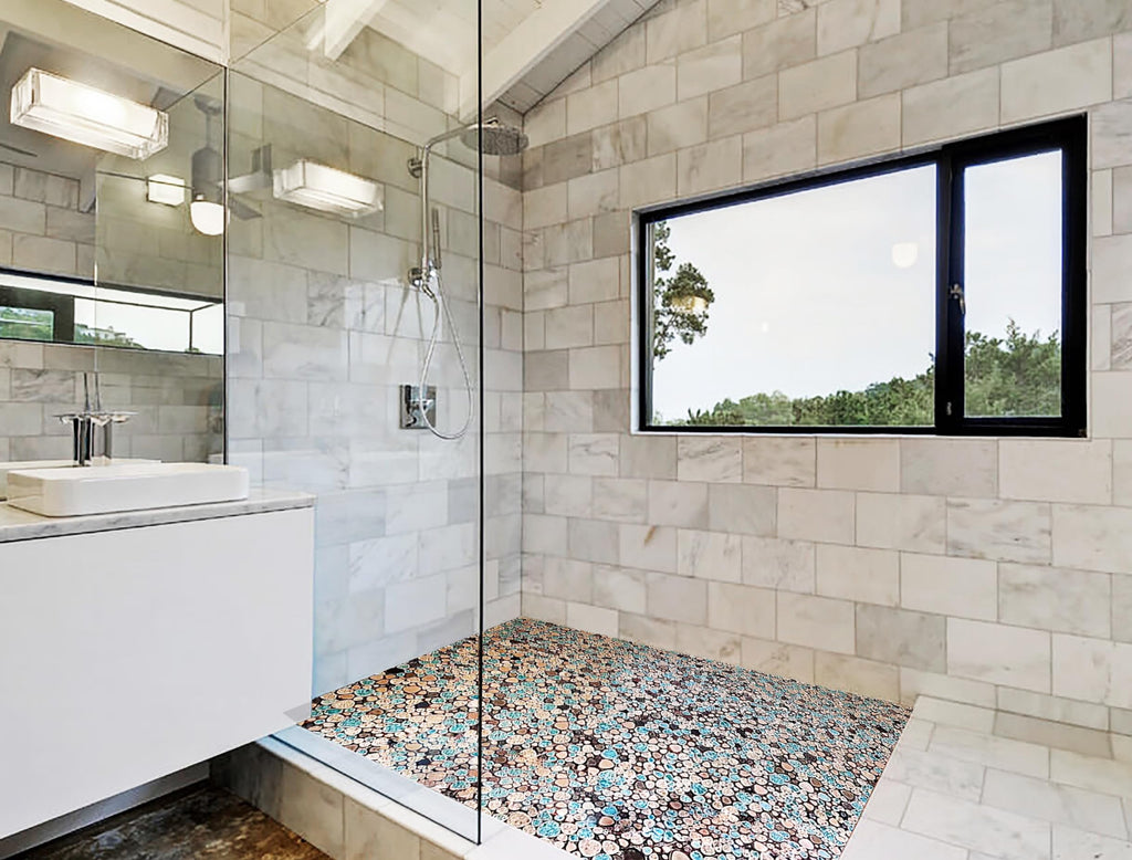 Pebble Porcelain Tile Fambe Turquoise Green Beige Shower Floor Pool Alley Tiles Mosaic TSTGPT005 (5 Square Feet)