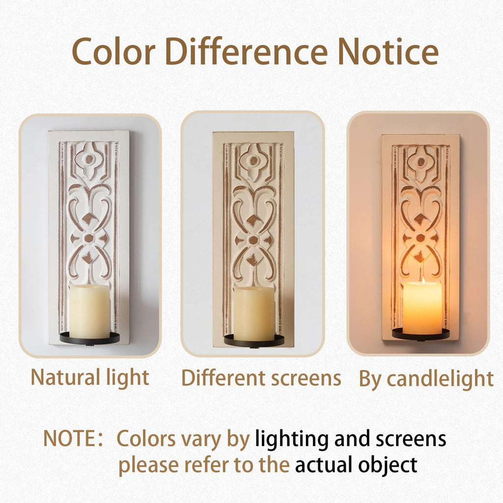 Whitewashed Wood Wall Candle Sconces Set of 2, Floral Design
