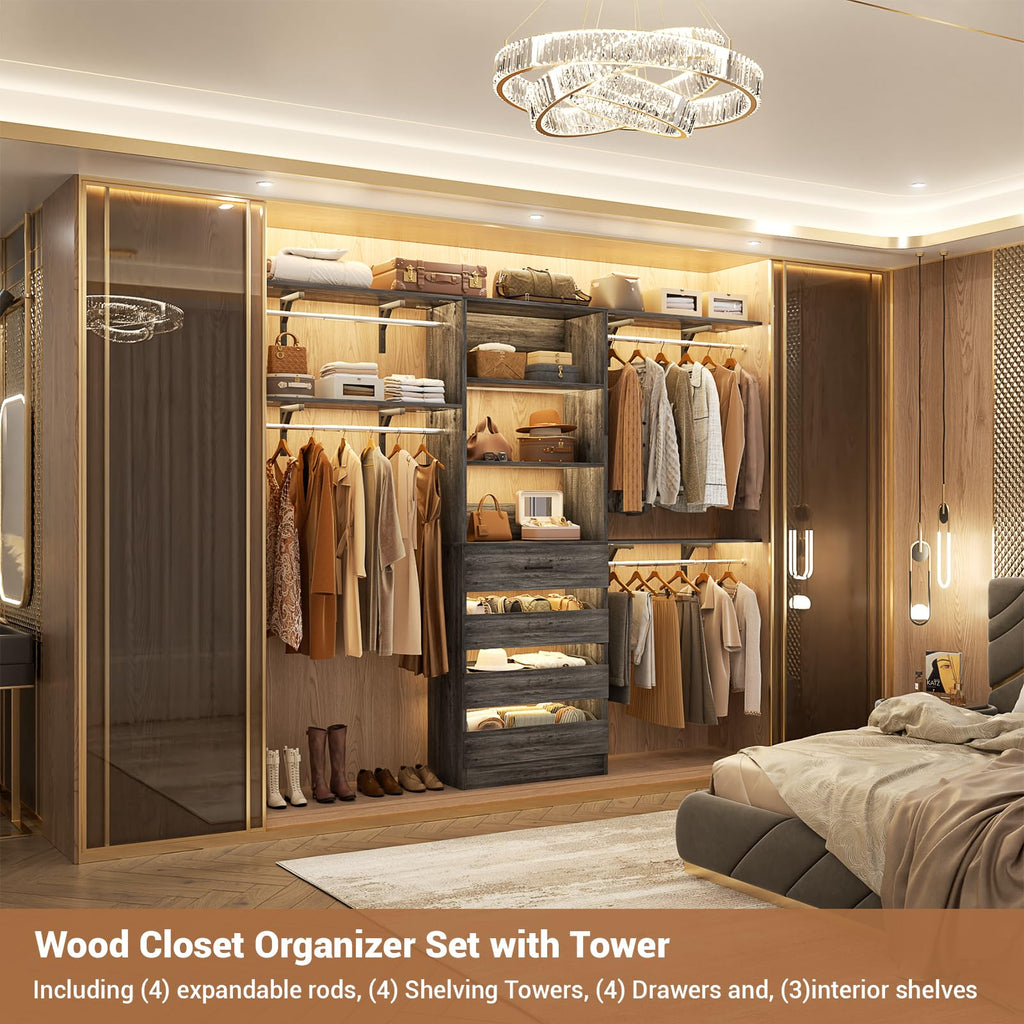 Closet System with 4 Drawers, 8FT Wood Closet Organizer System