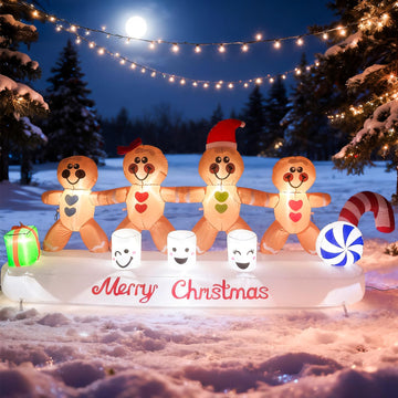 10 FT Long Christmas Inflatable Gingerbread Man Outdoor Decoration, 4 Gingerbread Hand in Hand Christmas Blow Up Yard