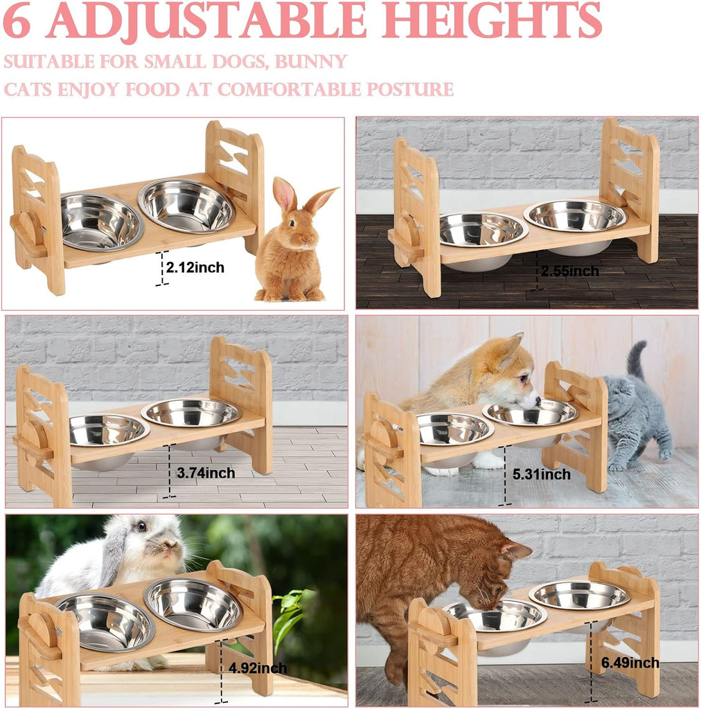 2 Set Elevated Dog Cat Bowls, 15 Tilted Raised Pet Bowl for Puppy and Cats Adjustable Dog Food Feeding Dishes Wood