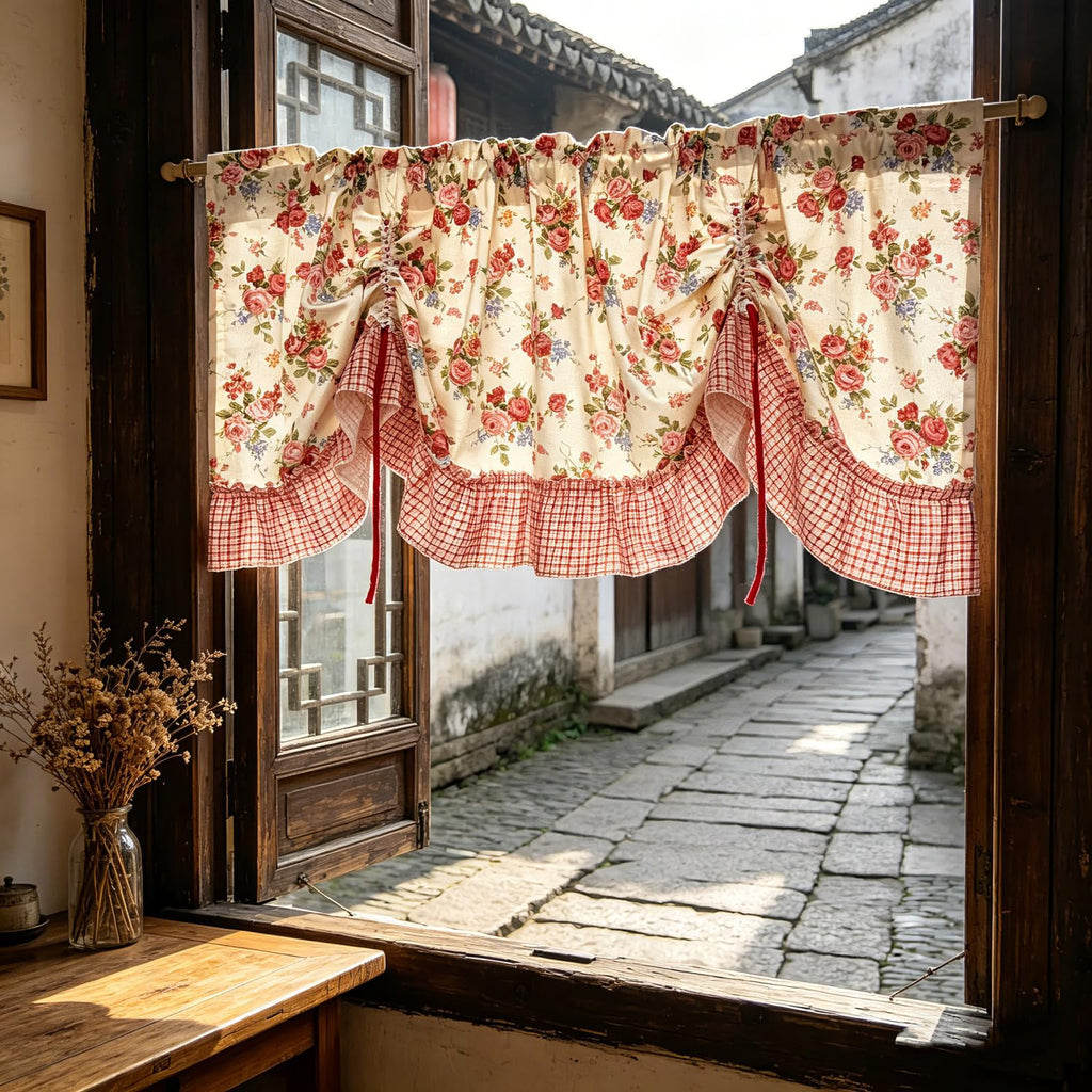Country Rose Floral Valance Curtain Tie Up Gingham Ruffled Swag Rod Pocket