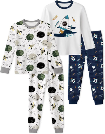 Toddler Pajamas 100% Organic Cotton 4 Piece Long Sleeve Fall Pajama Set Kids Pajamas for Boys Girls Snug Fit Pjs Set