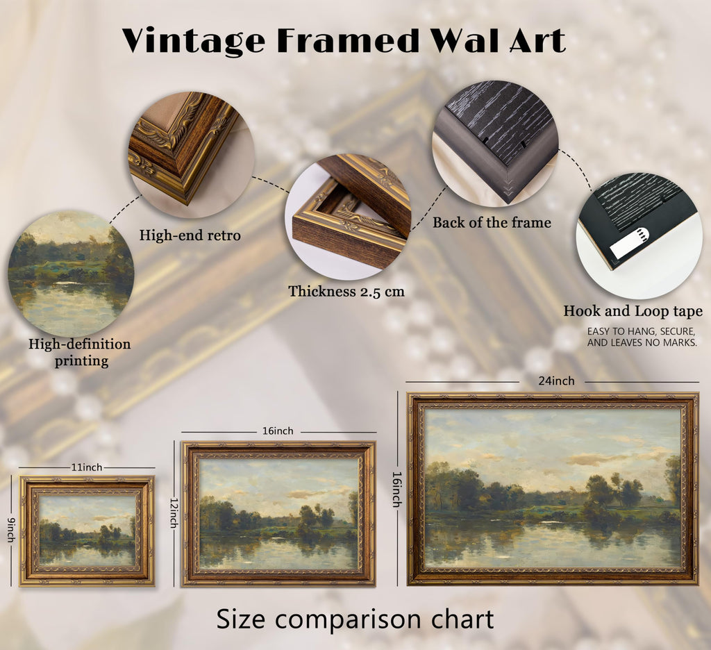 Vintage Gold Framed Landscape Wall Art, Vintage River Canvas Prints