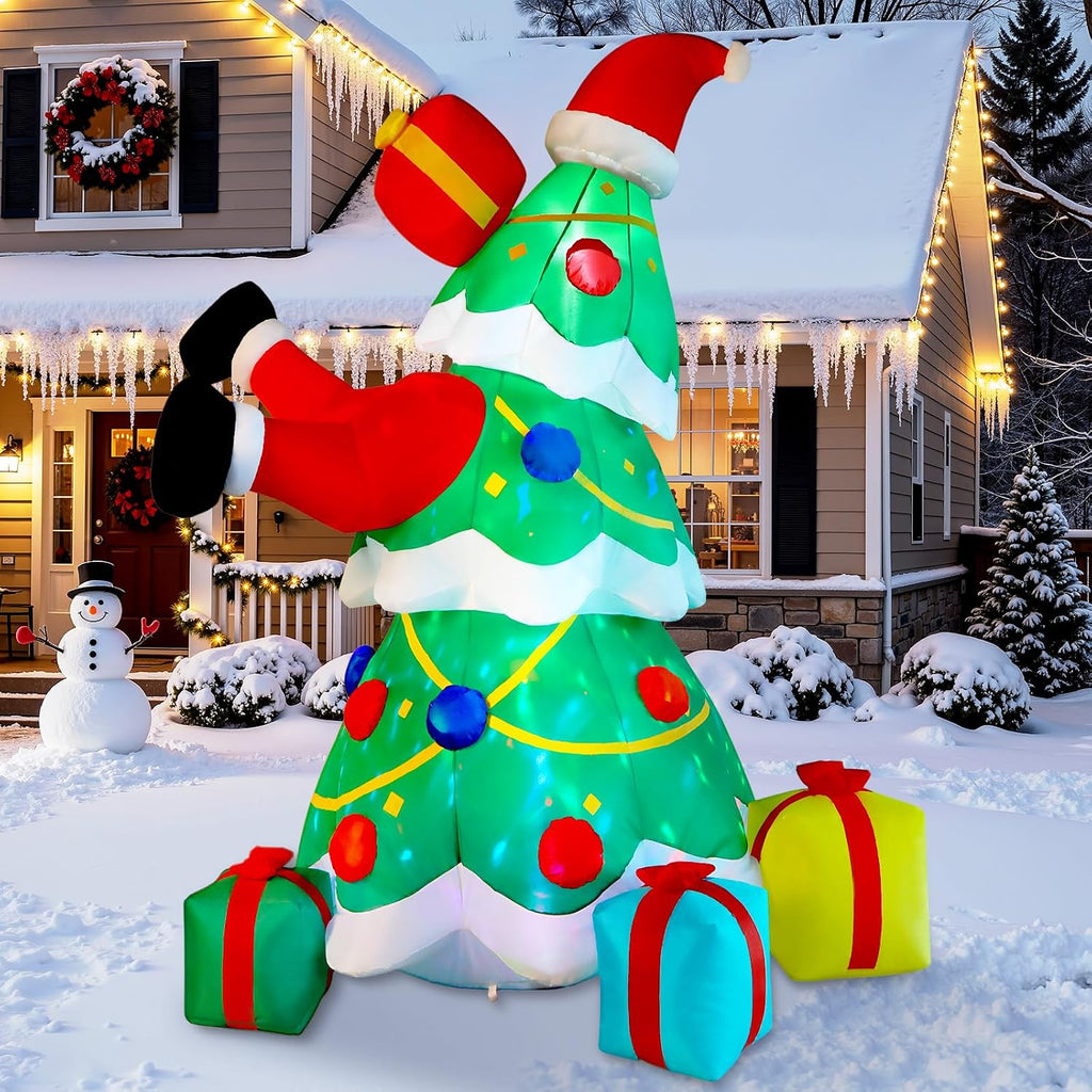 7FT Inflatable Christmas Tree Decorations Outdoor with Built-in LEDs Lights, Blow Up Santa Claus Tree with 4 Gift