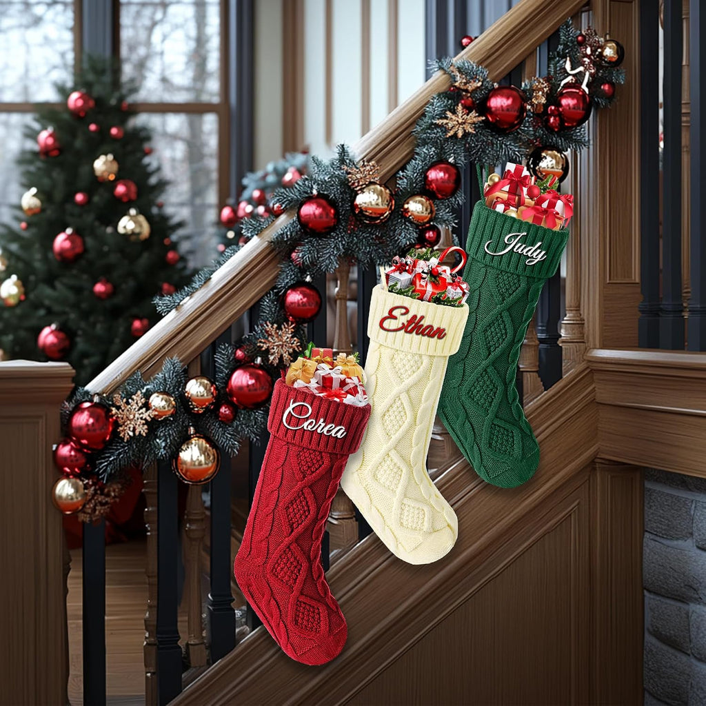 Christmas Stockings with Names, 18" Large Knitted Xmas Stocking for Family Kids, Fireplace Hanging Holiday - Set of 3