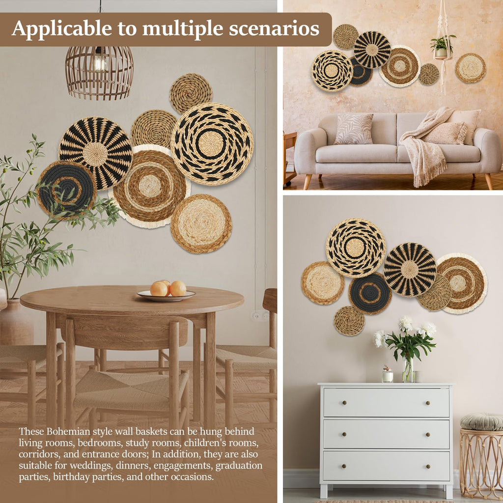 Boho Woven Wall Basket Decor, 7 Pcs Round Hanging Basket, Rustic Flat Elegant Wall Art, Seagrass Rattan Wicker Dining