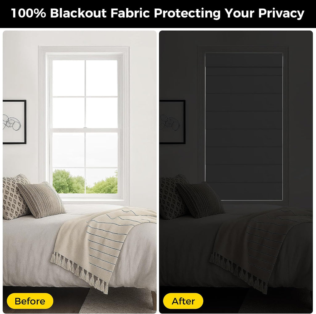 No Drill Cordless Roman Shades for Windows, 34" W × 64" H - 100% Blackout - Linen - Mist White