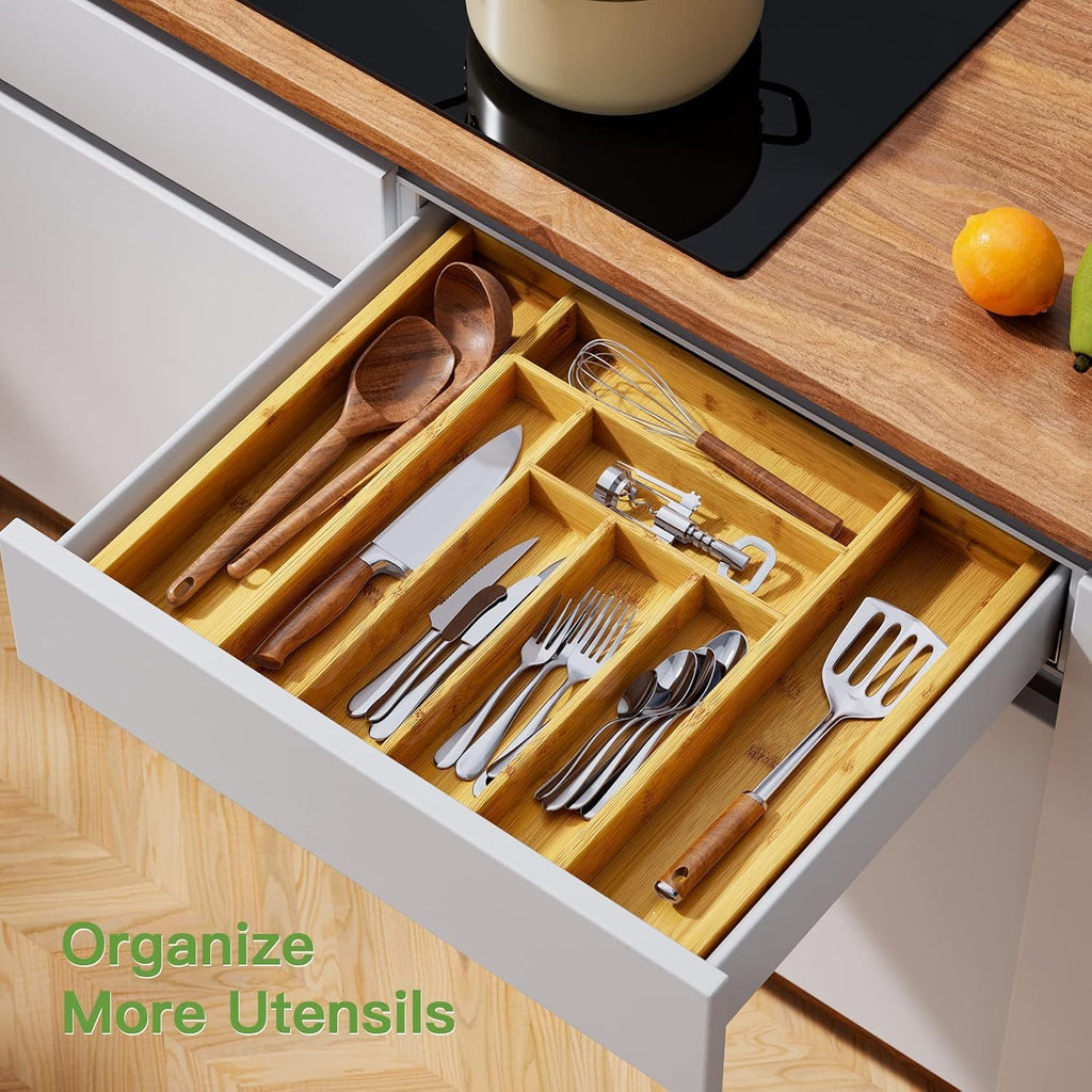 Expandable Bamboo Silverware Organizer, Large Kitchen Drawer Tray