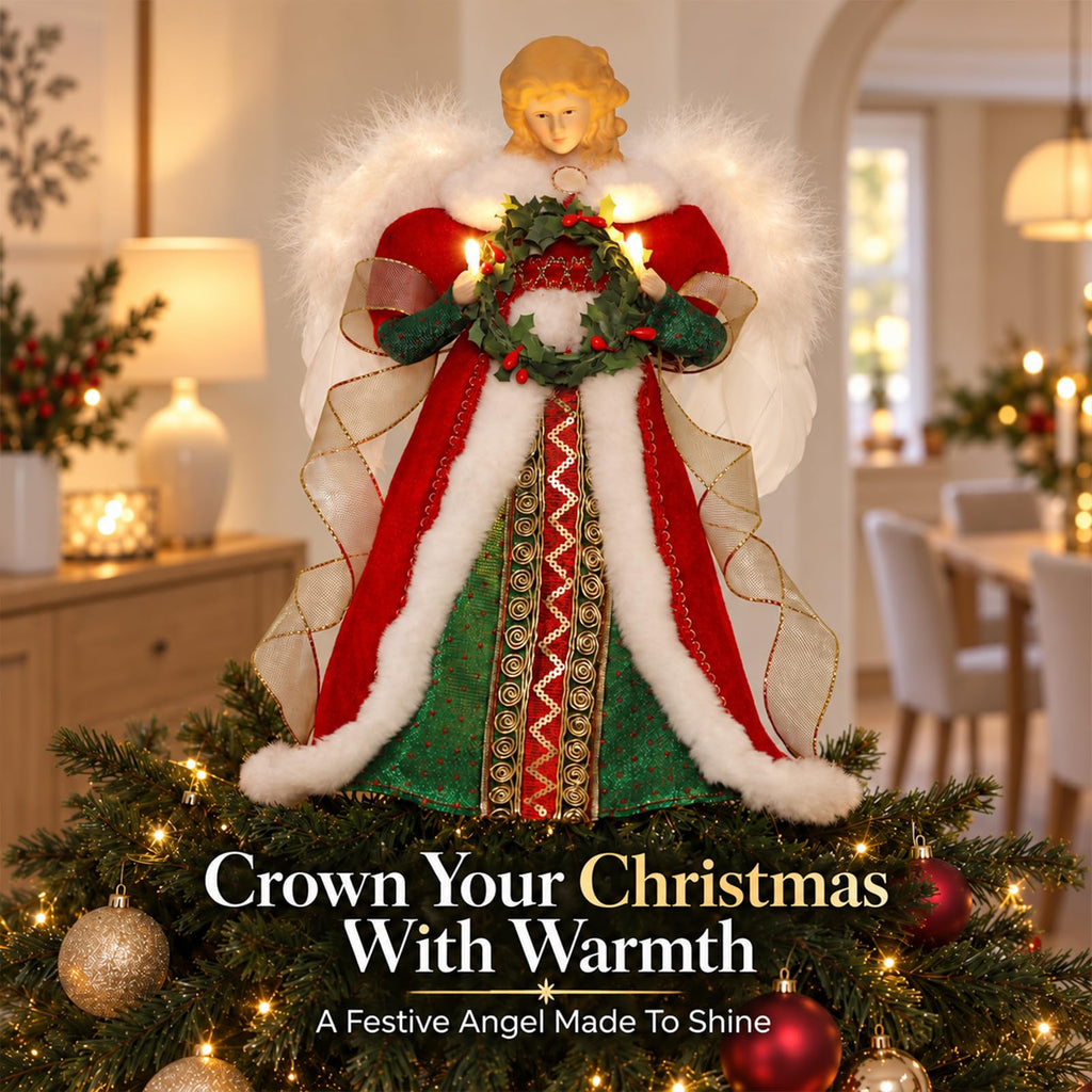 Christmas Tree Topper Angel with Timer Lights, 12" Angel Tree Toppers with White Feather Wings, Green Garland, Remote