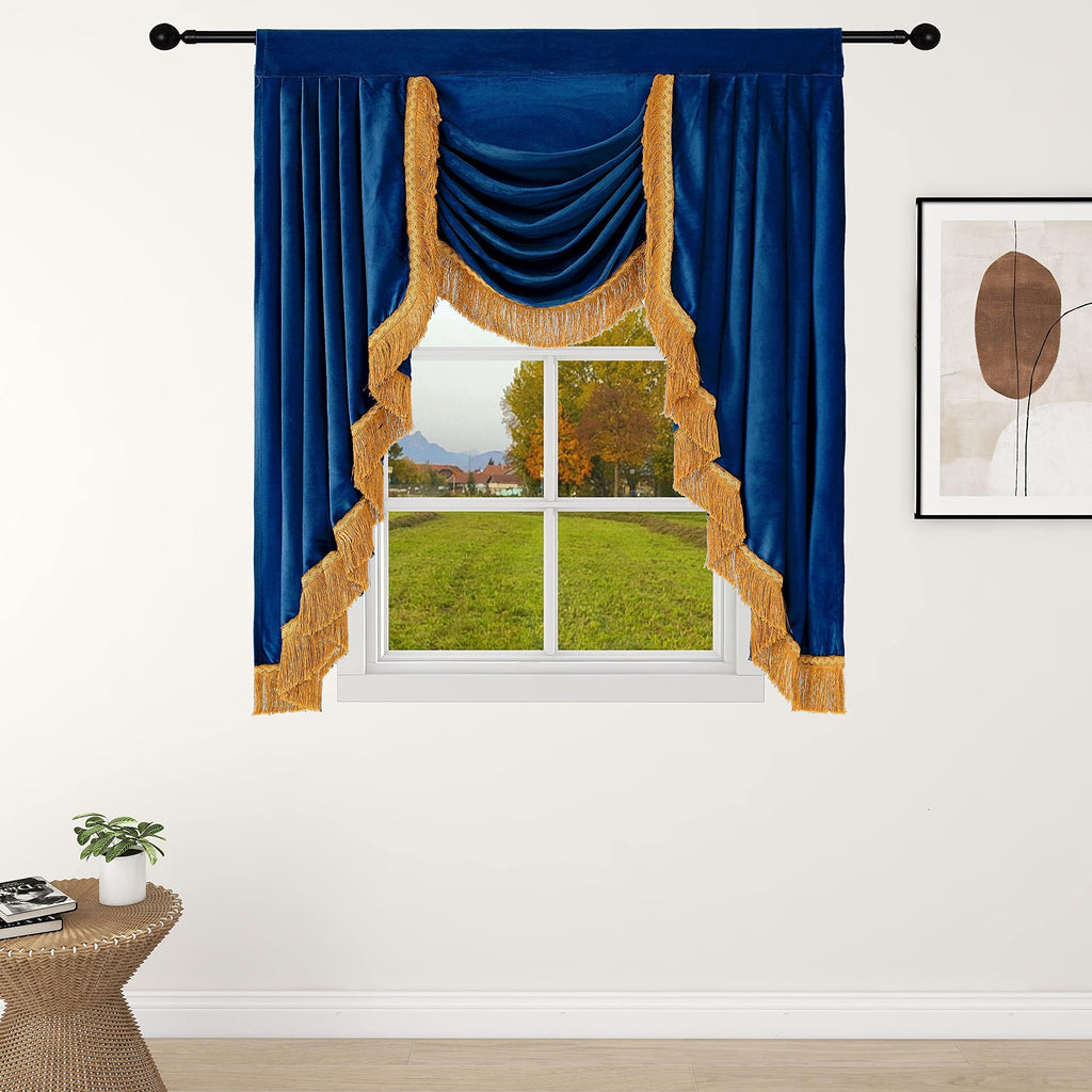 Velvet Valance Curtains, Soft Luxury Waterfall Valance with Gold Tassel Fringe Windows Royal Blue Victorian Style