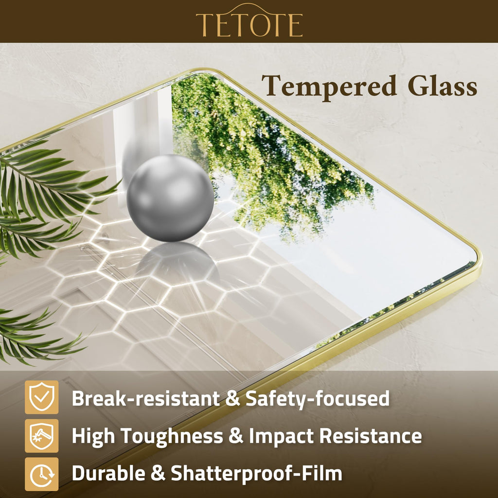 Brushed Gold Mirrors for Wall 30 x 36 Beveled Edge Tempered Glass, Rounded Corner Rectangle Framed Mirror for Modern