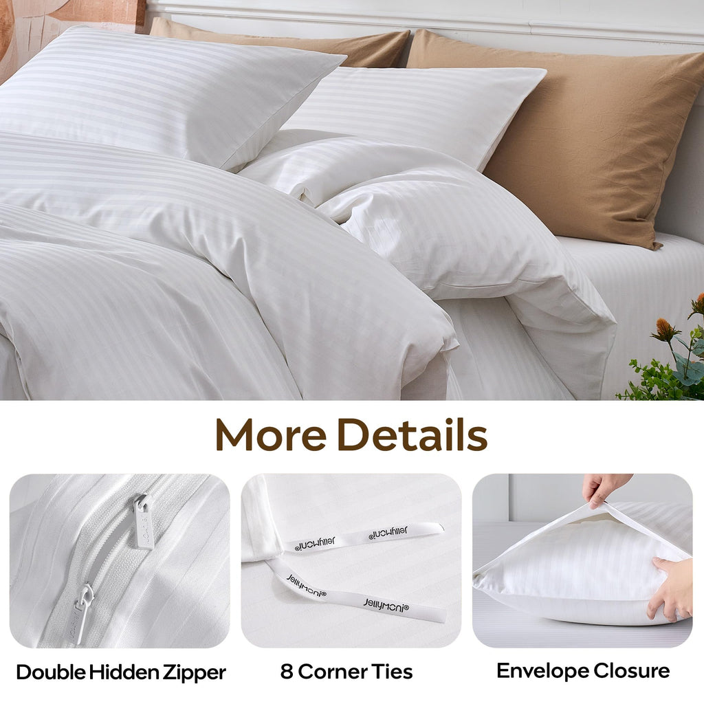 100% Cotton Sateen Striped Duvet Cover Set, White