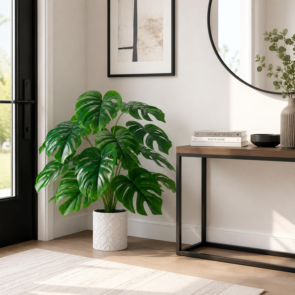 26" Fake Plants, Monstera Plant in White Boho Pot Decor