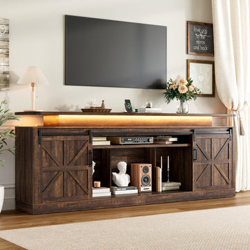 81" Farmhouse TV Stand with Power Outlets and LED Light, Extra Tall Entertainment Center with Sliding Barn Door for
